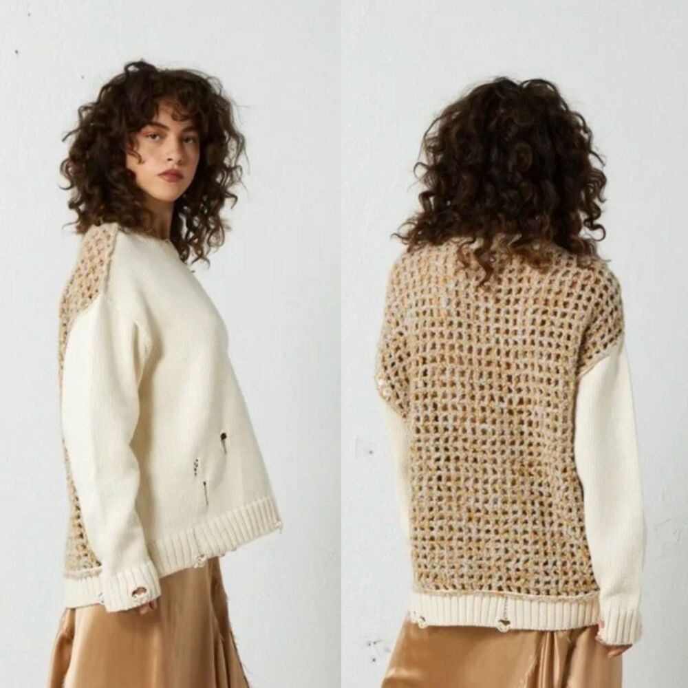 NSF Jacobs Alpaca Cotton Crochet Knit Sweater Medium NWT Distressed Boho